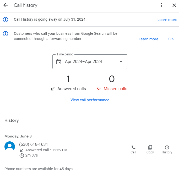 Google Business Profile Chat and Call History