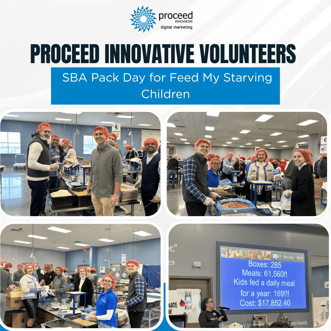 Group photo of Proceed Innovative staff at SBA Pack Day supporting Feed My Starving Children