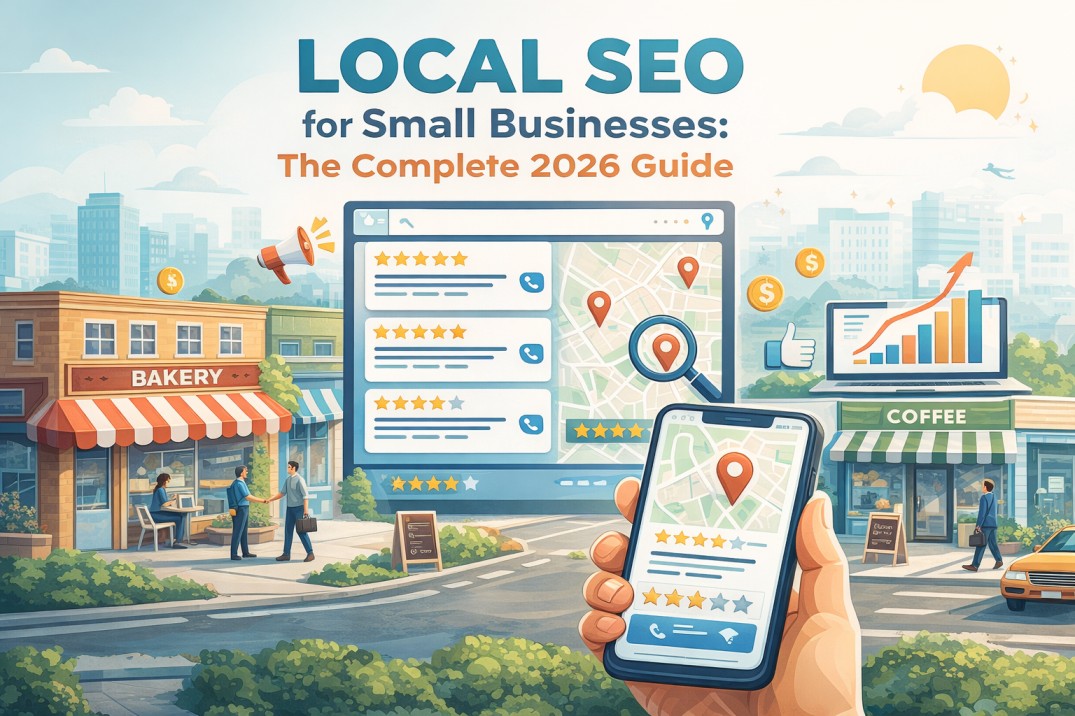Local SEO for small businesses concept with Google Maps listings, reviews, and nearby stores.
