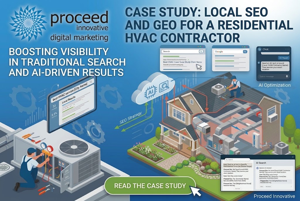 Case study graphic showing local SEO and GEO strategy for a residential HVAC contractor across traditional search, map results, and AI chat answers