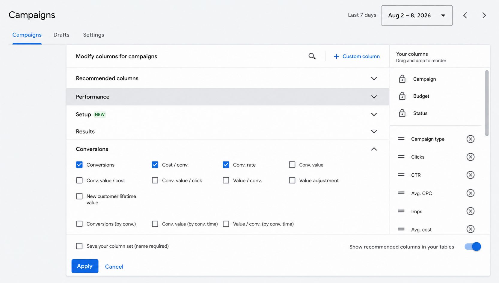 Google Ads campaign management screen showing the column customizer with performance metrics and campaign type settings